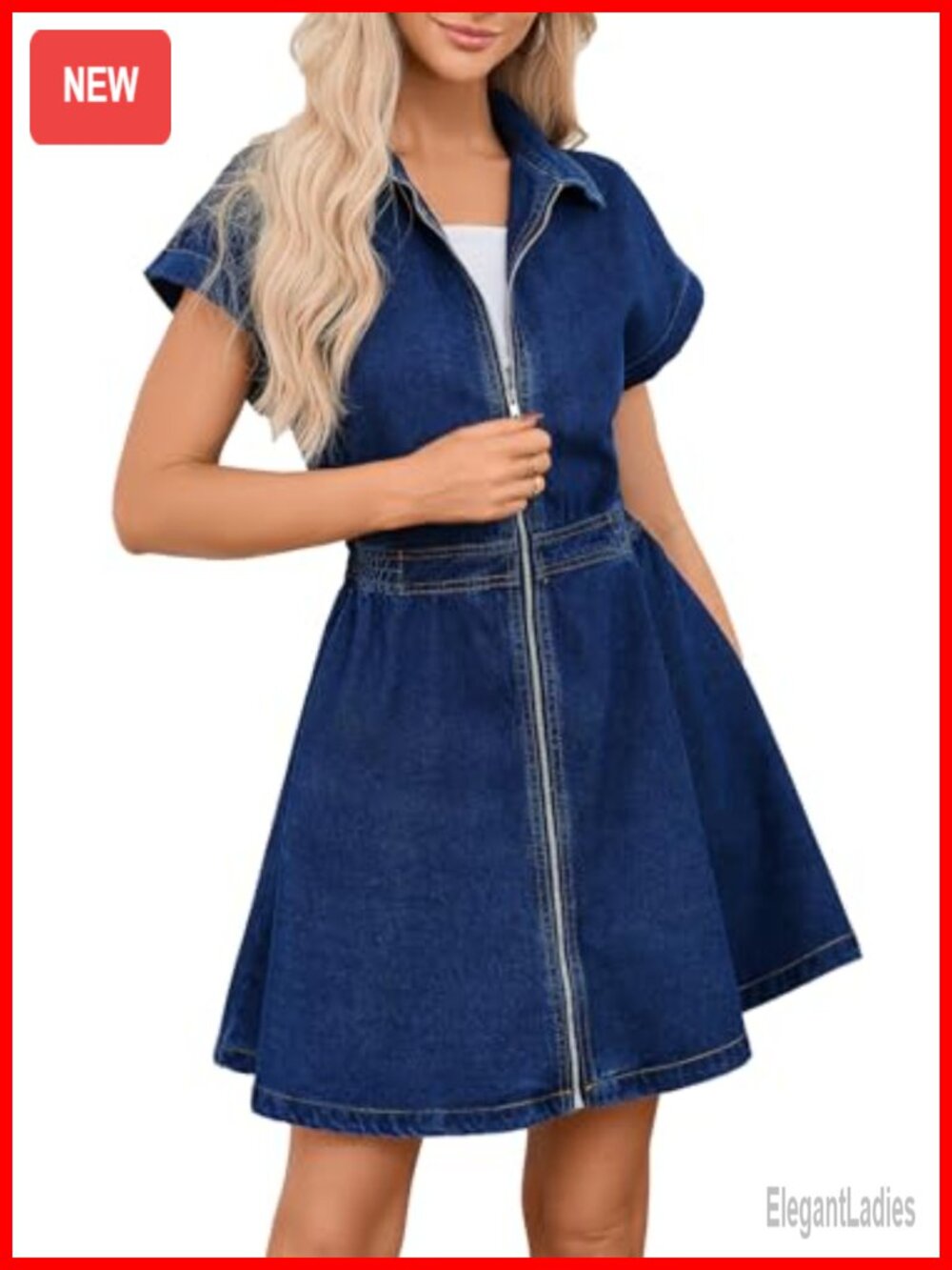 Women's Zip Up Denim Mini Dress Collared Short Jean Dress